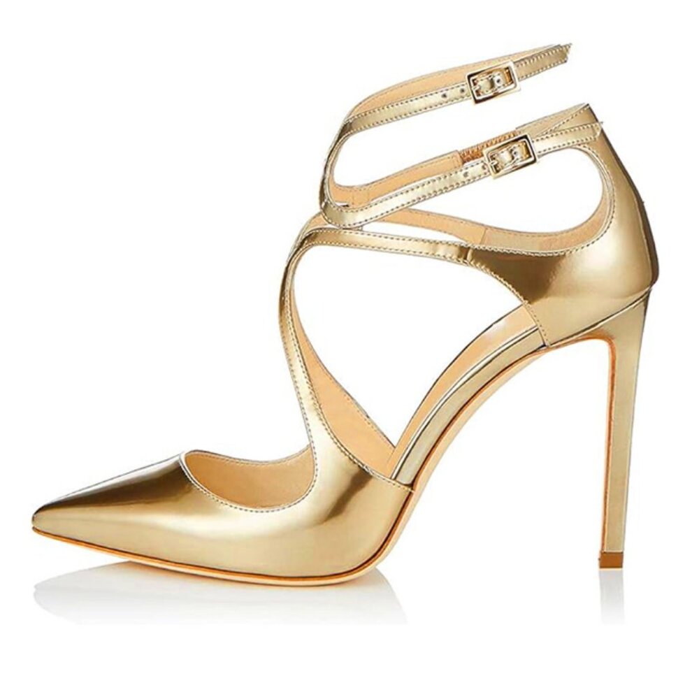 Women Size 6 Strappy Gold High Heels Pointed Toe